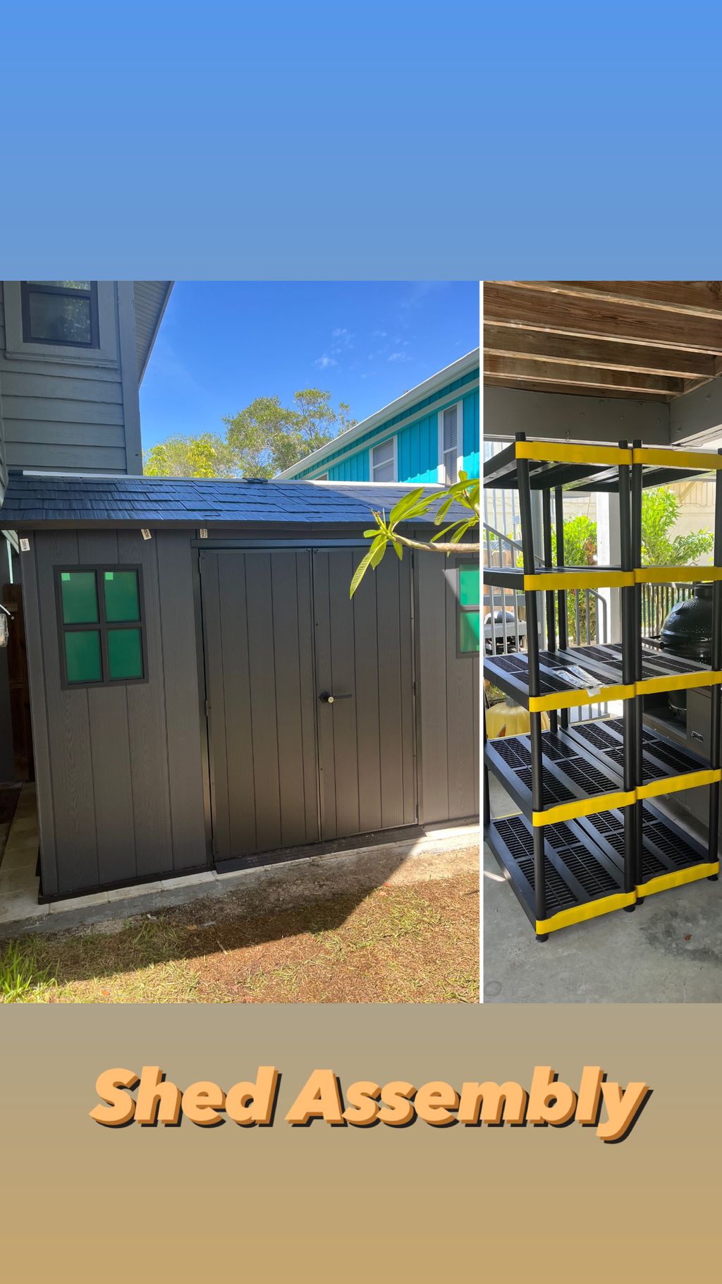 Completed outdoor shed and storage shelving assembly